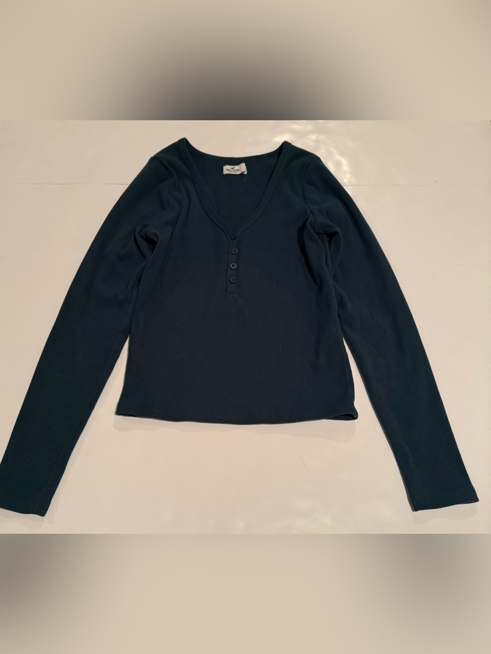 Hollister Hunter Green Ribbed Henley Long Sleeve Top